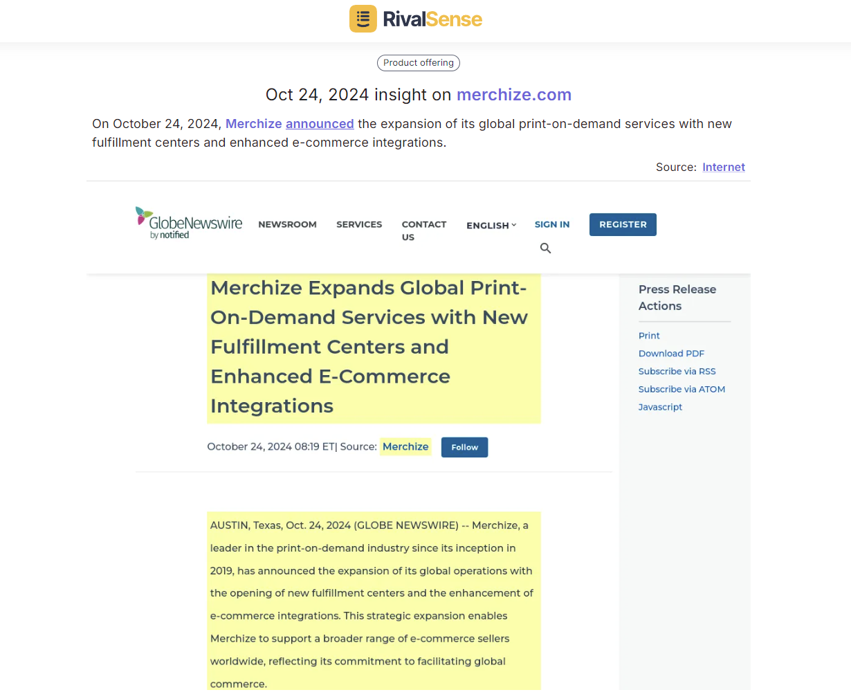 Example of a RivalSense market entry insight