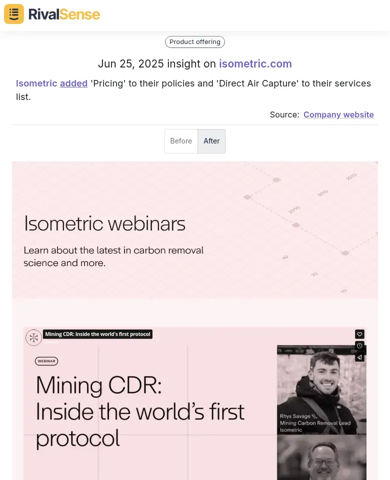 Isometric added 'Pricing' to policies and 'Direct Air Capture' to services