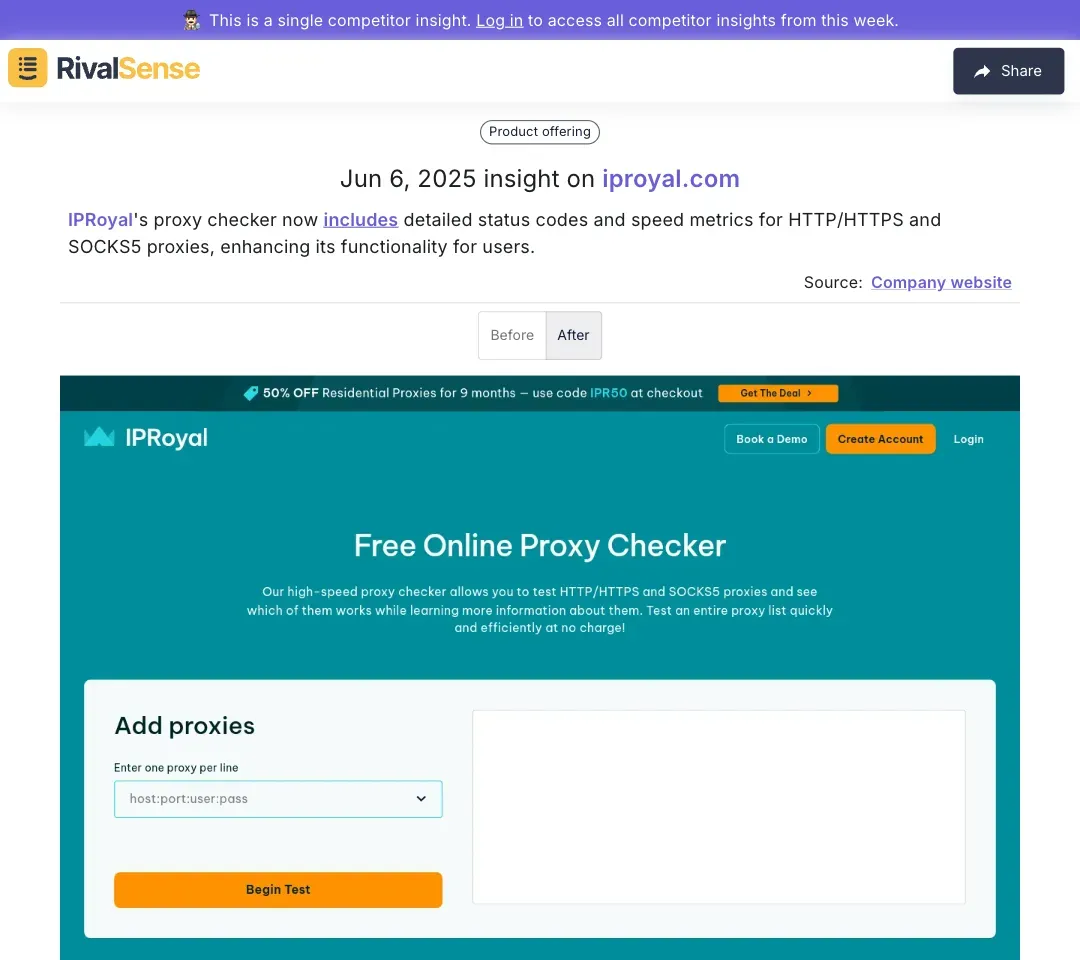 IPRoyal's proxy checker interface showing speed metrics