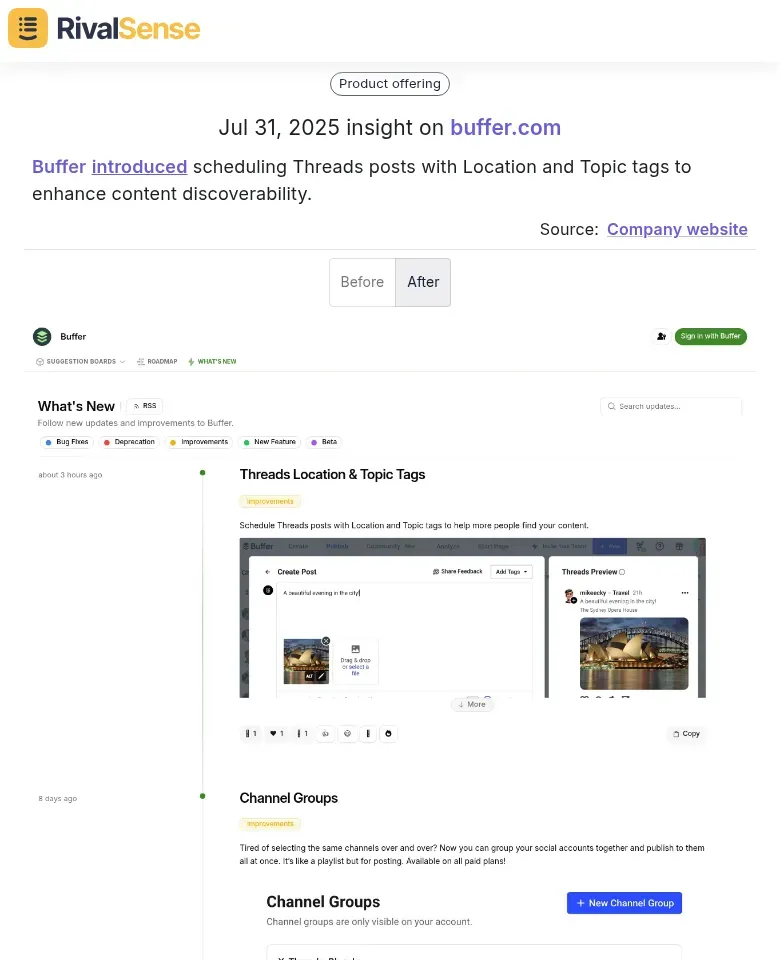 Buffer introduced scheduling Threads posts with Location and Topic tags
