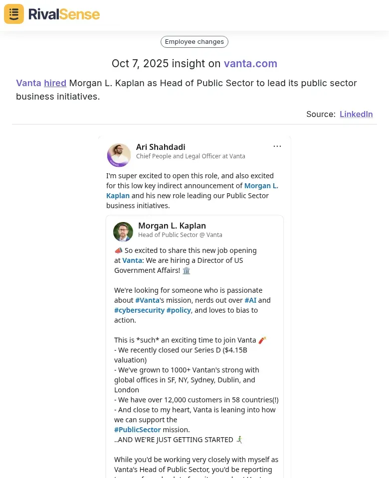Vanta hired Morgan L. Kaplan