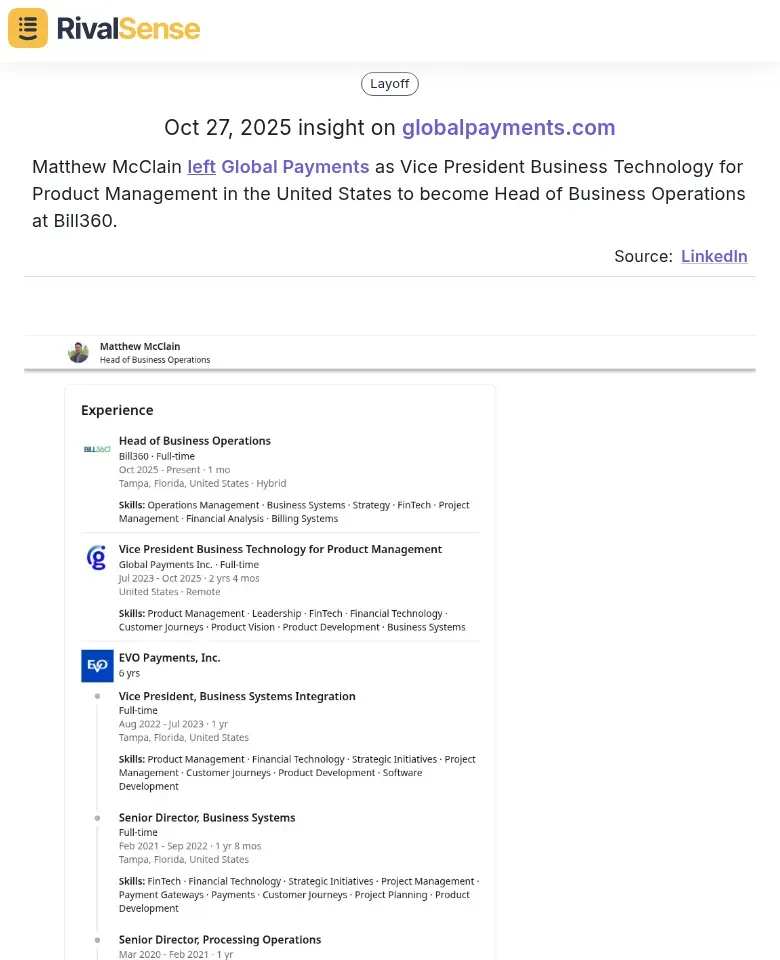 Matthew McClain left Global Payments