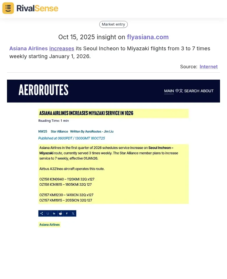 Asiana Airlines Route Increase