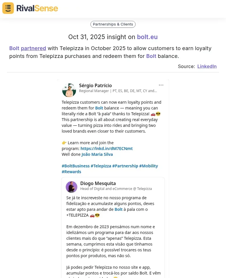 Bolt Telepizza Partnership