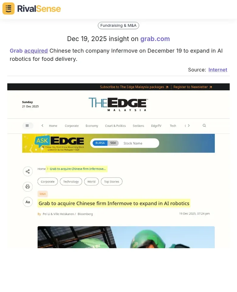Grab acquired Chinese tech company Infermove on December 19 to expand in AI robotics for food delivery.