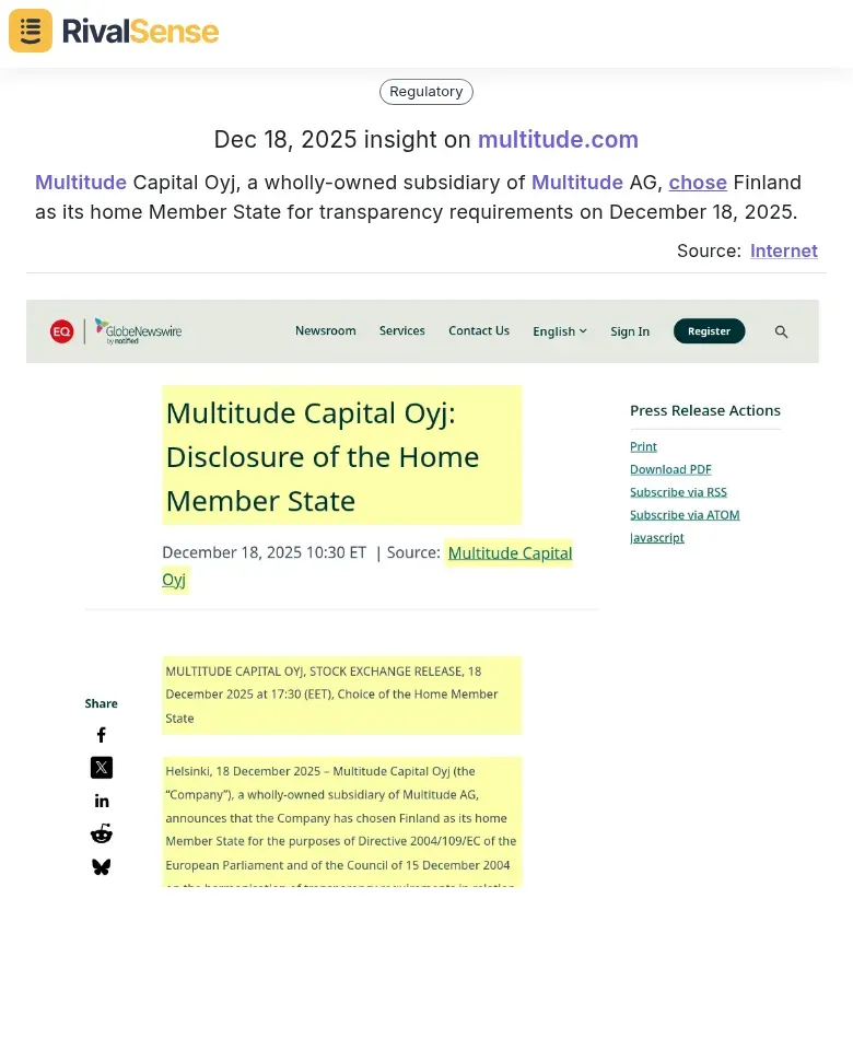 Multitude Capital Oyj chooses Finland as home Member State for transparency requirements