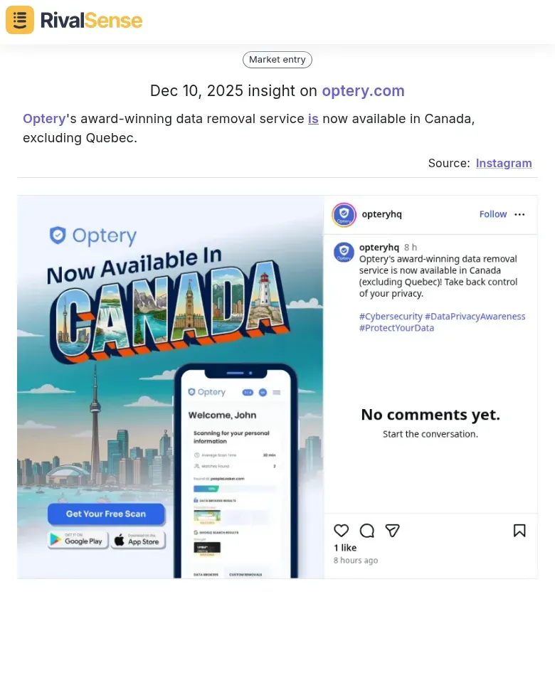 Optery's expansion into Canada