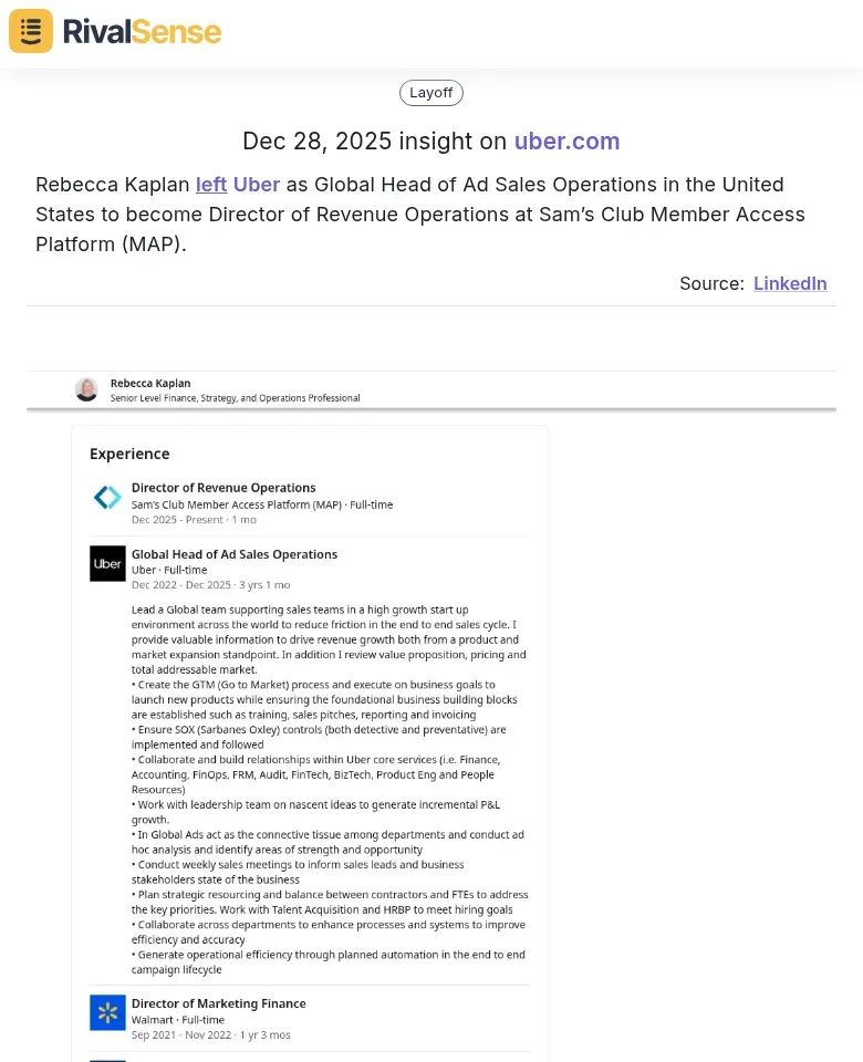 Rebecca Kaplan moves from Uber to Sam's Club