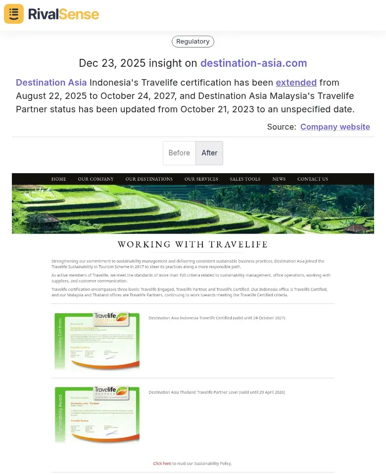 Destination Asia Travelife certification updates