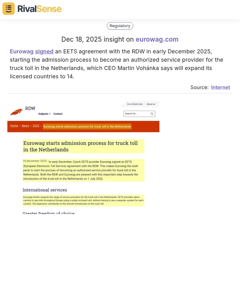 Eurowag signs EETS agreement with RDW for Netherlands truck toll