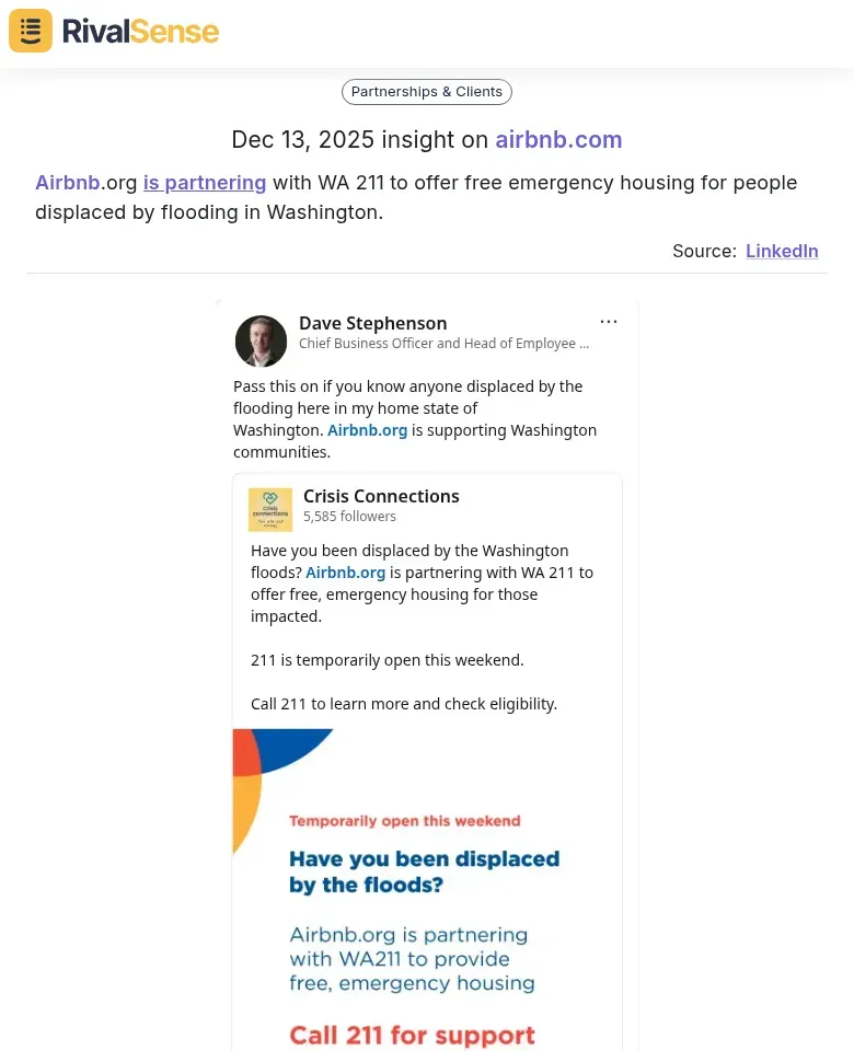 Airbnb.org partnership with WA 211 for emergency housing
