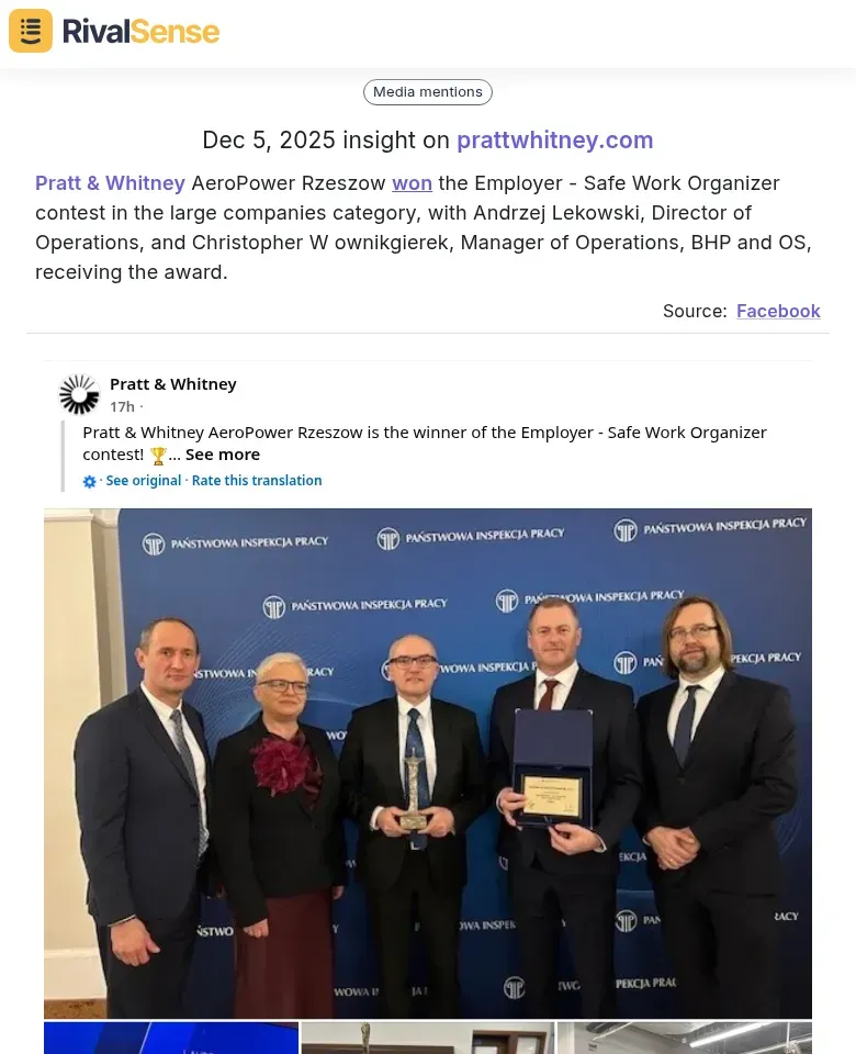 Pratt & Whitney AeroPower Rzeszow won an award