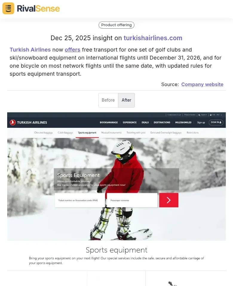 Turkish Airlines sports equipment transport update