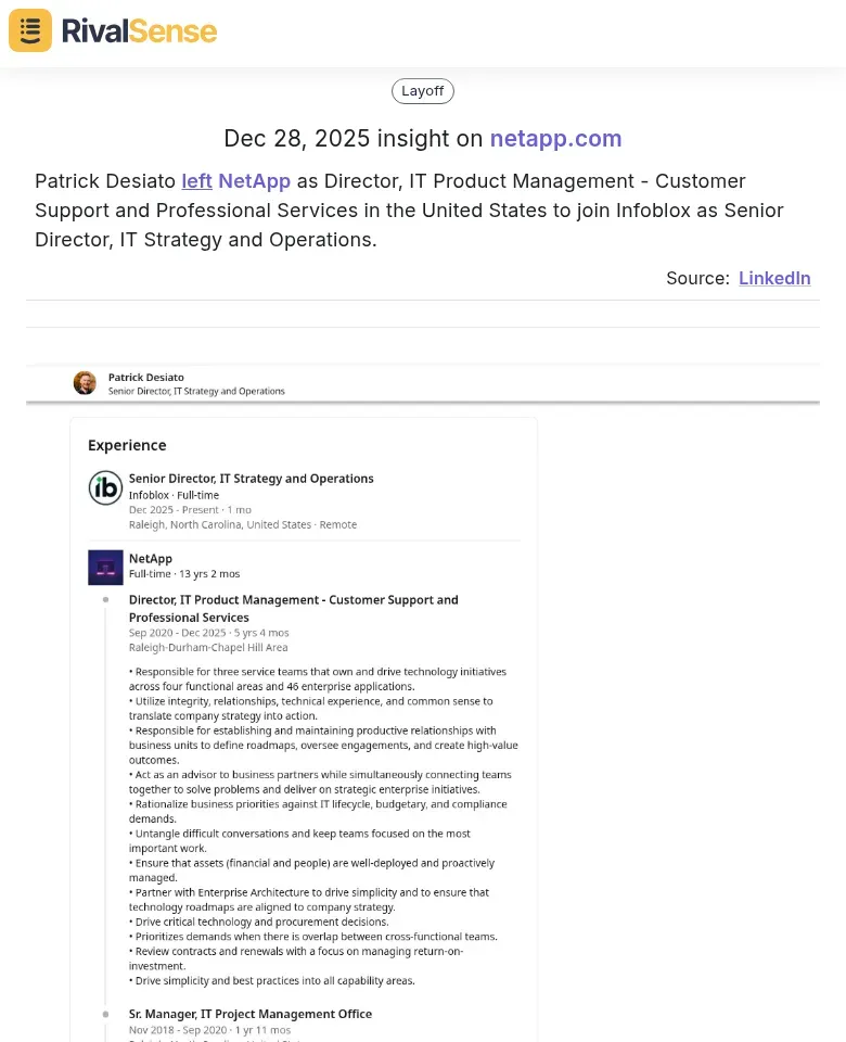 Patrick Desiato leaves NetApp for Infoblox