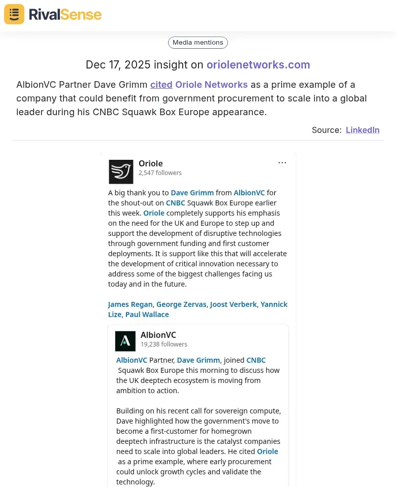 Dave Grimm on CNBC discussing Oriole Networks