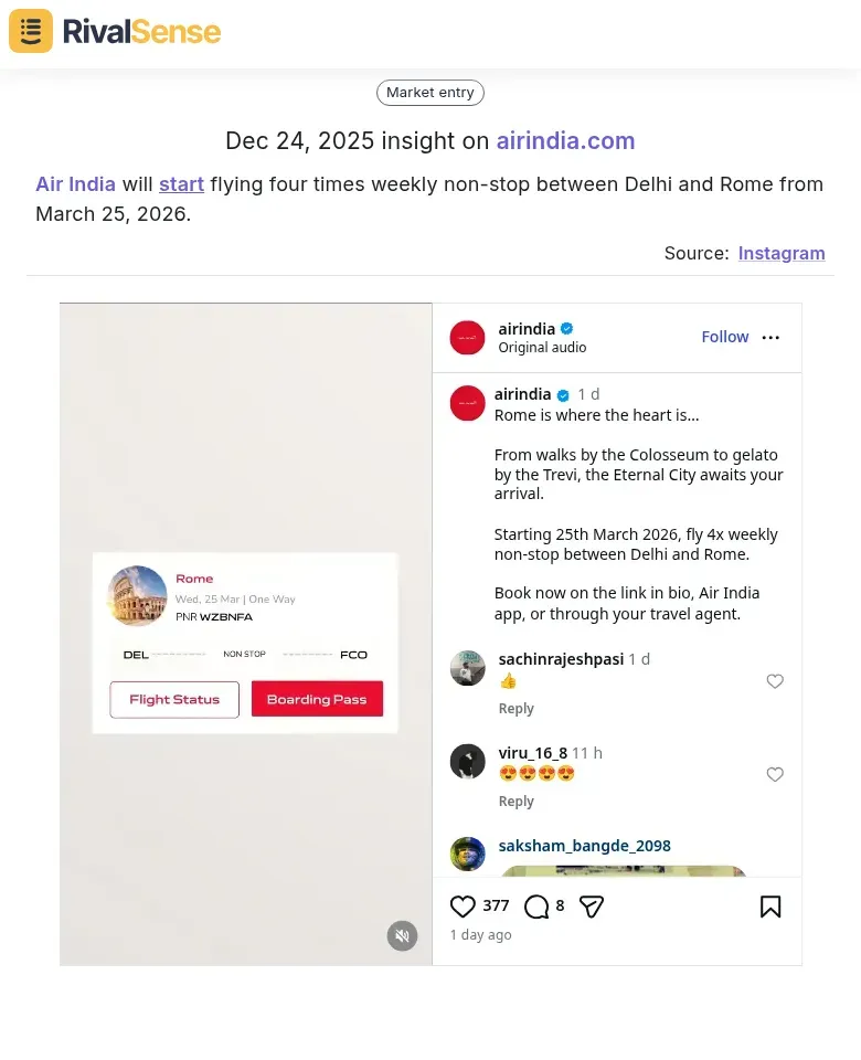 Air India new route announcement