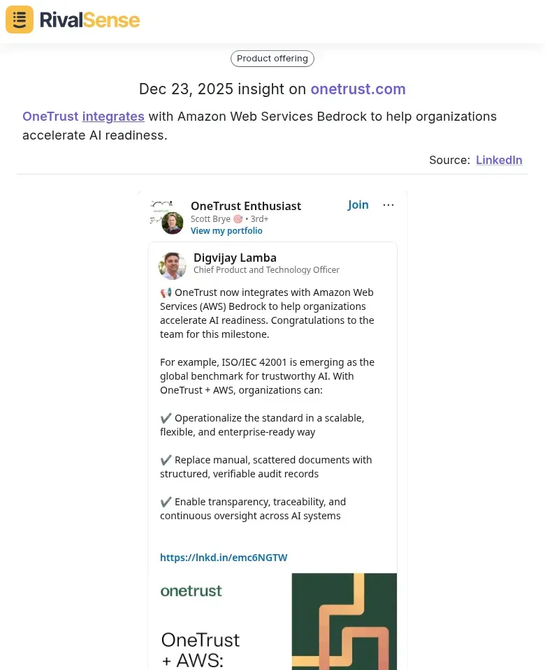 OneTrust integrates with Amazon Web Services Bedrock