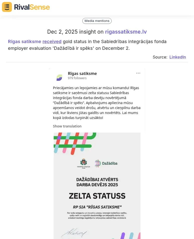 Rīgas satiksme gold status in employer evaluation