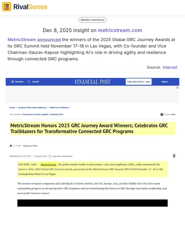 MetricStream GRC Journey Awards Insight