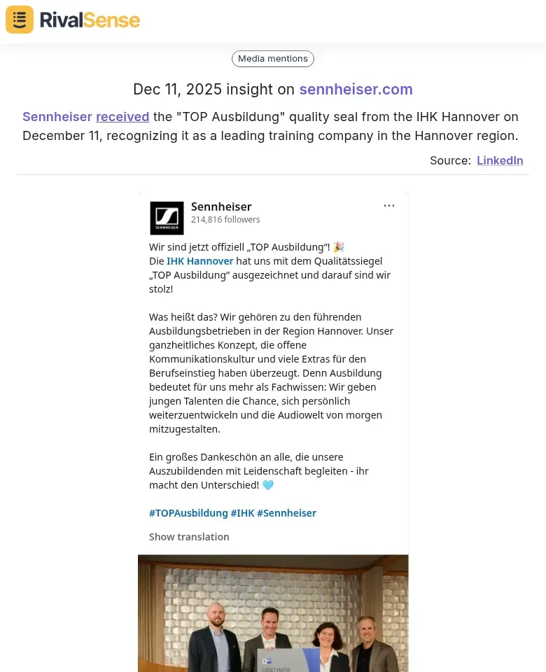 Sennheiser received the "TOP Ausbildung" quality seal from the IHK Hannover