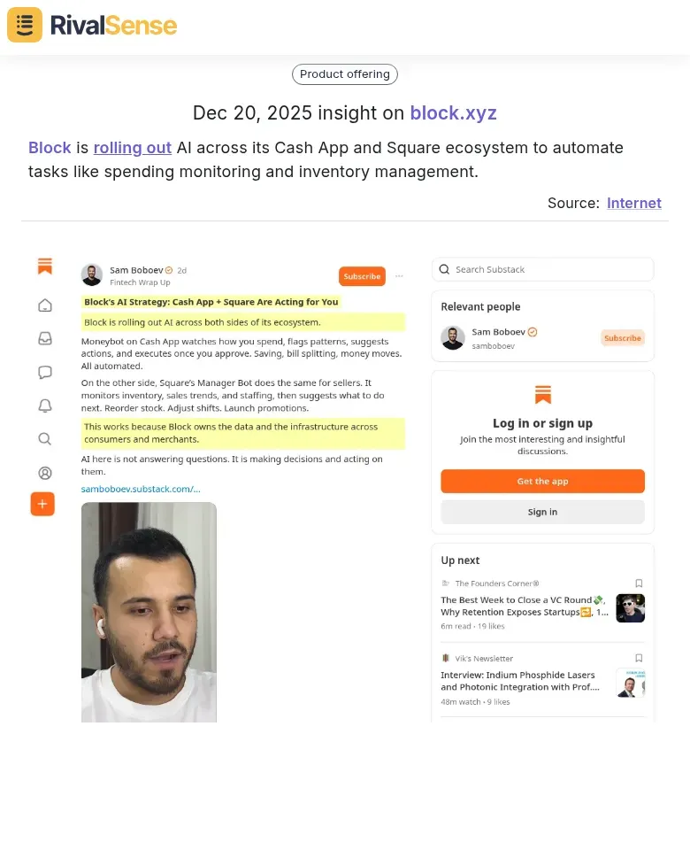 Block is rolling out AI across its Cash App and Square ecosystem to automate tasks like spending monitoring and inventory management.