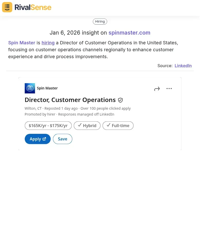 Competitor hiring insight example from RivalSense