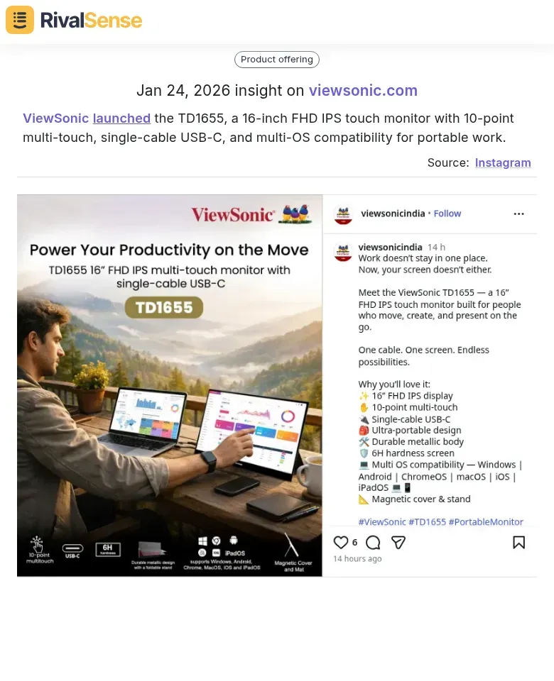 ViewSonic TD1655 16-inch FHD IPS touch monitor
