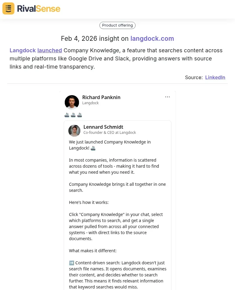 RivalSense insight on Langdock's Company Knowledge launch