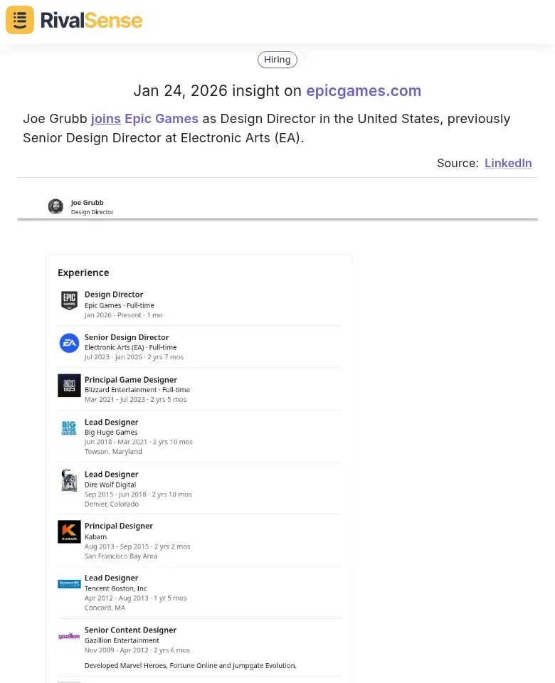 Joe Grubb joins Epic Games