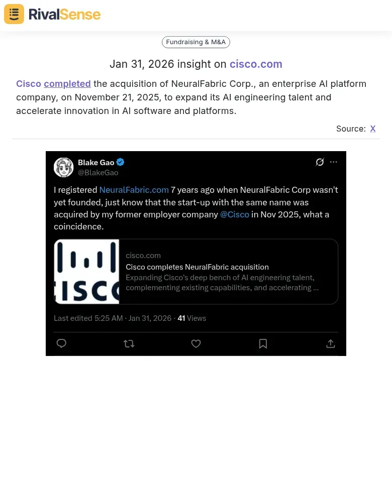 Cisco completed the acquisition of NeuralFabric Corp.