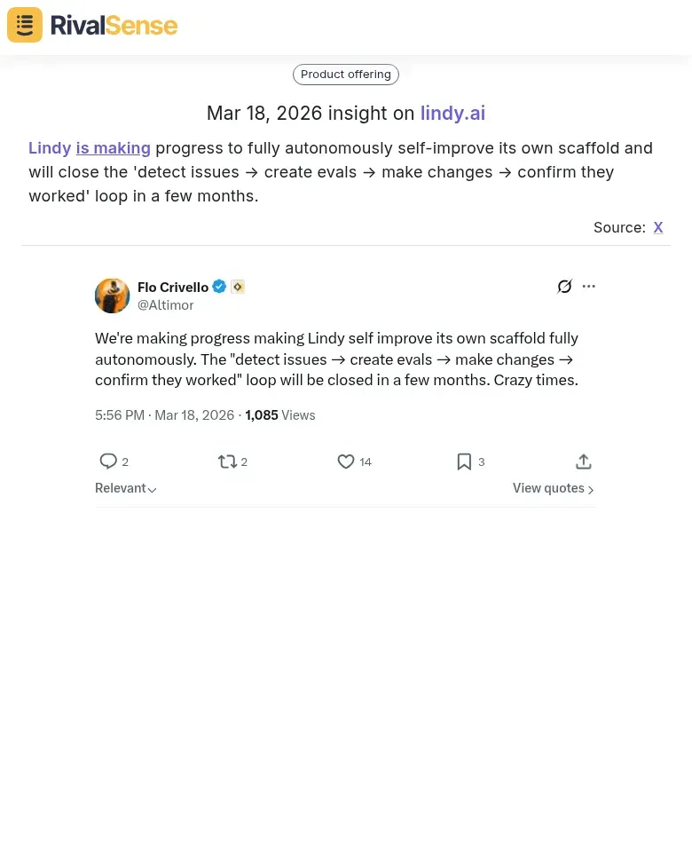 Lindy's autonomous improvement cycle insight showing progress on self-improving scaffold