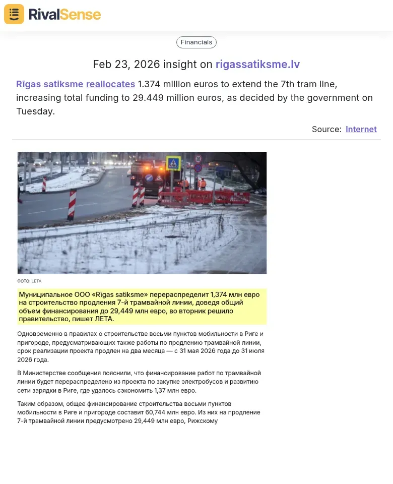 Rīgas satiksme reallocates funding for tram line 7 extension