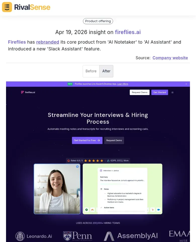 Fireflies AI Assistant rebranding insight from RivalSense