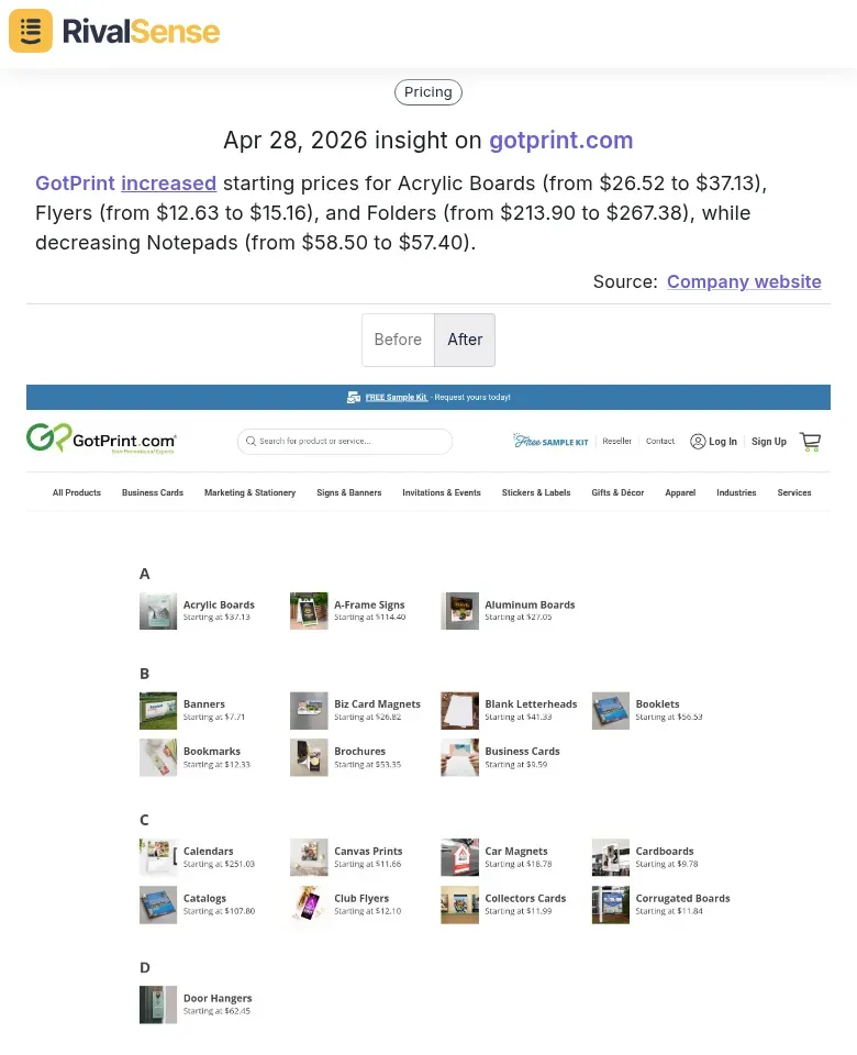 GotPrint price changes for multiple products