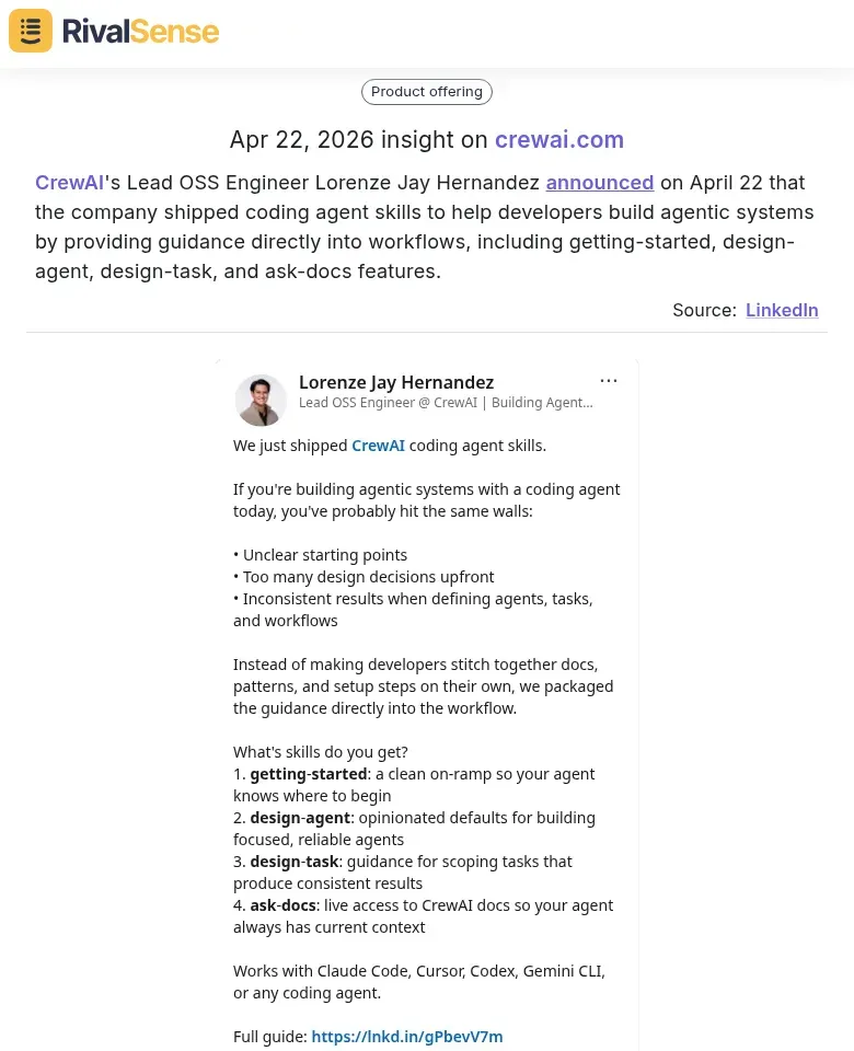 CrewAI coding agent skills announcement