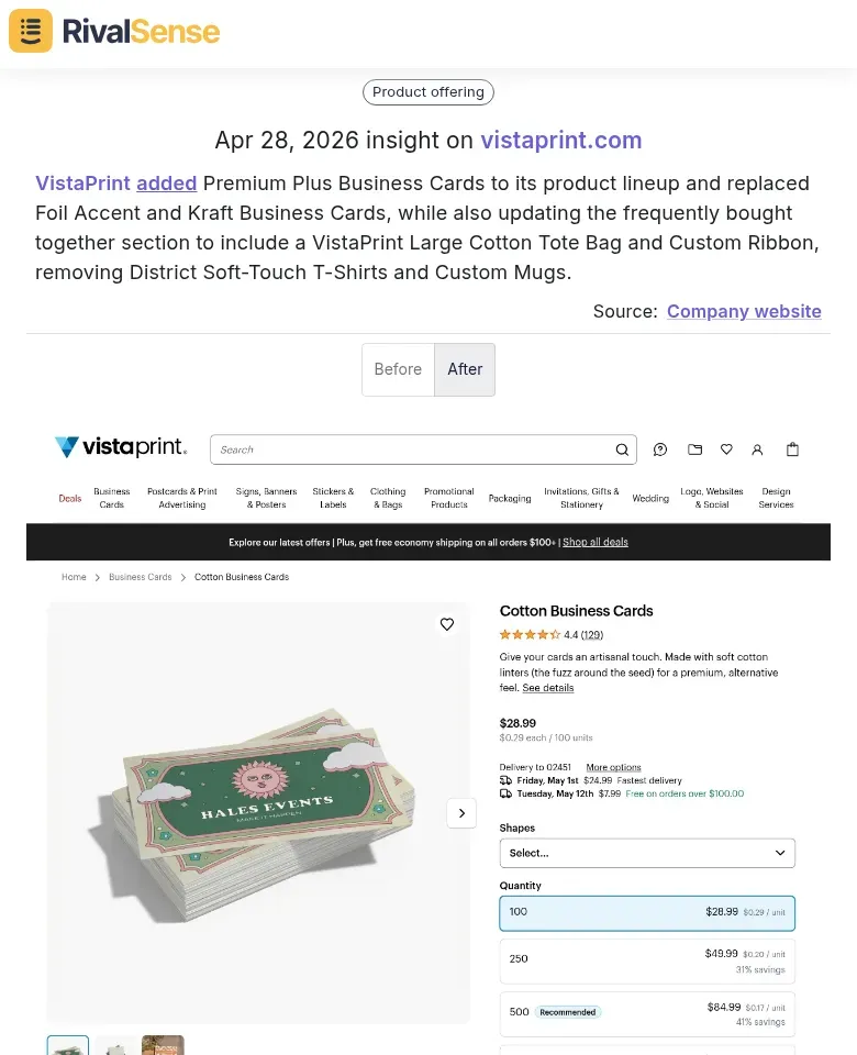 VistaPrint product changes