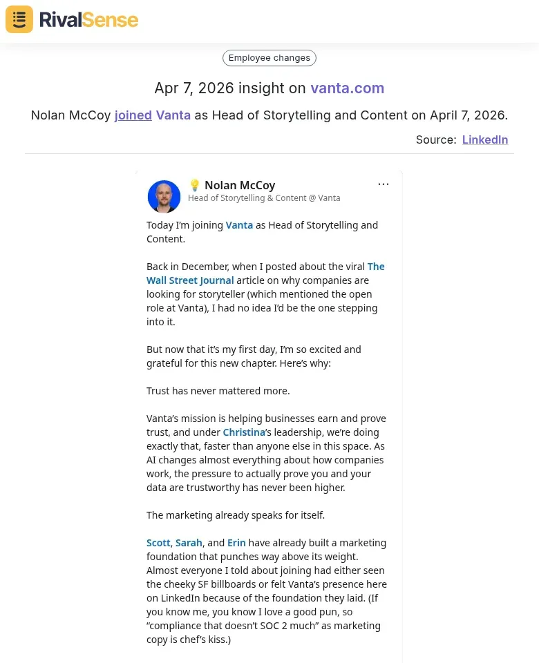 Nolan McCoy joining Vanta as Head of Storytelling and Content