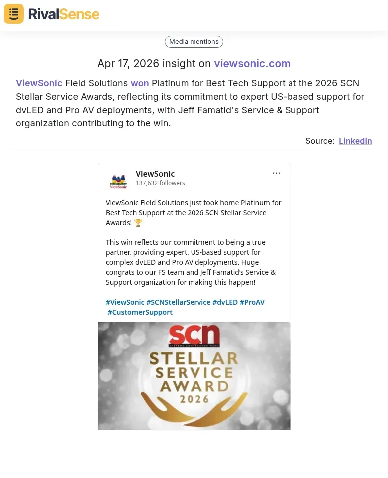 ViewSonic Field Solutions wins Platinum for Best Tech Support