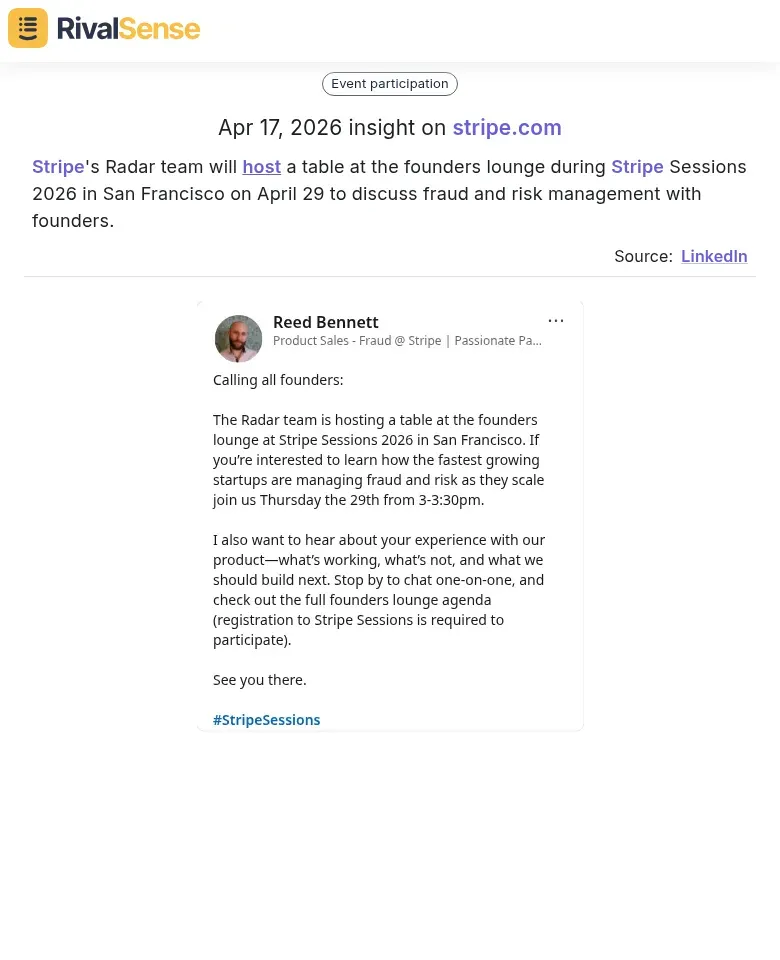 Stripe Radar team hosts table at founders lounge during Stripe Sessions 2026