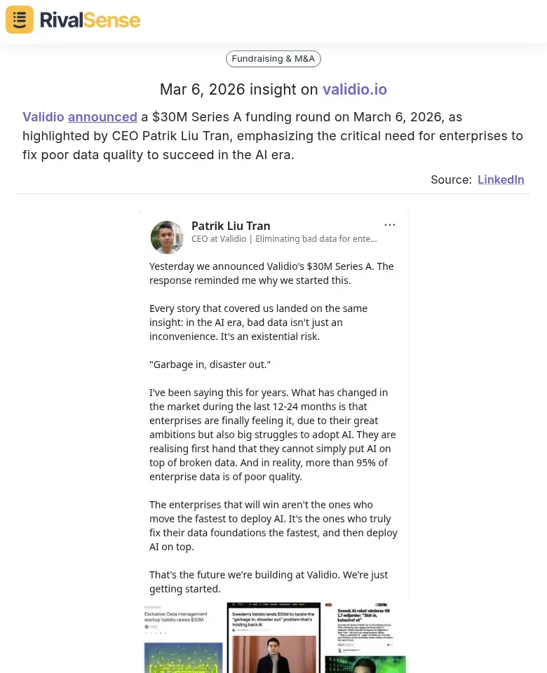 Validio Series A announcement with CEO quote
