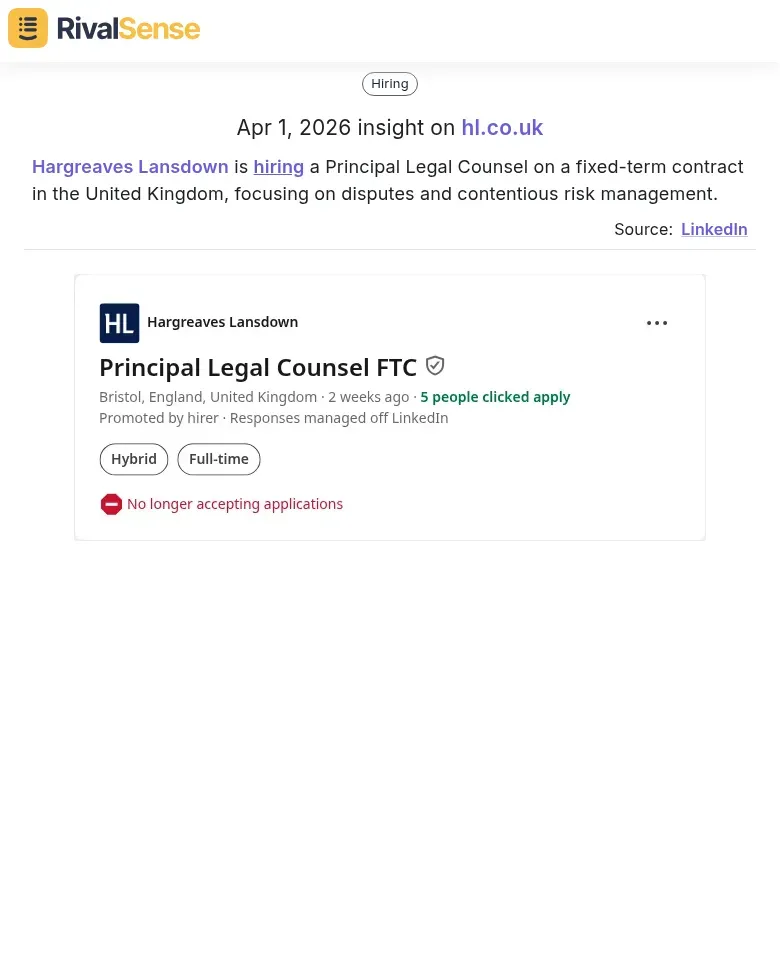 Hargreaves Lansdown legal counsel job posting