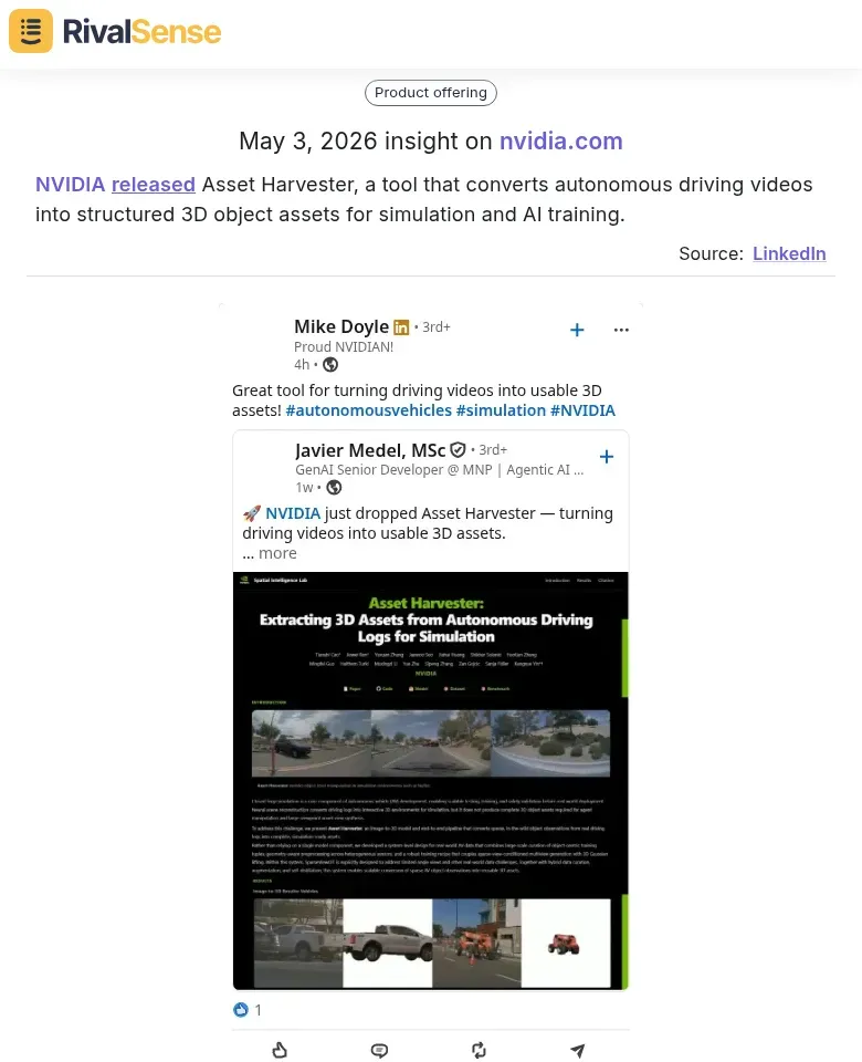 NVIDIA released Asset Harvester, a tool that converts autonomous driving videos into structured 3D object assets