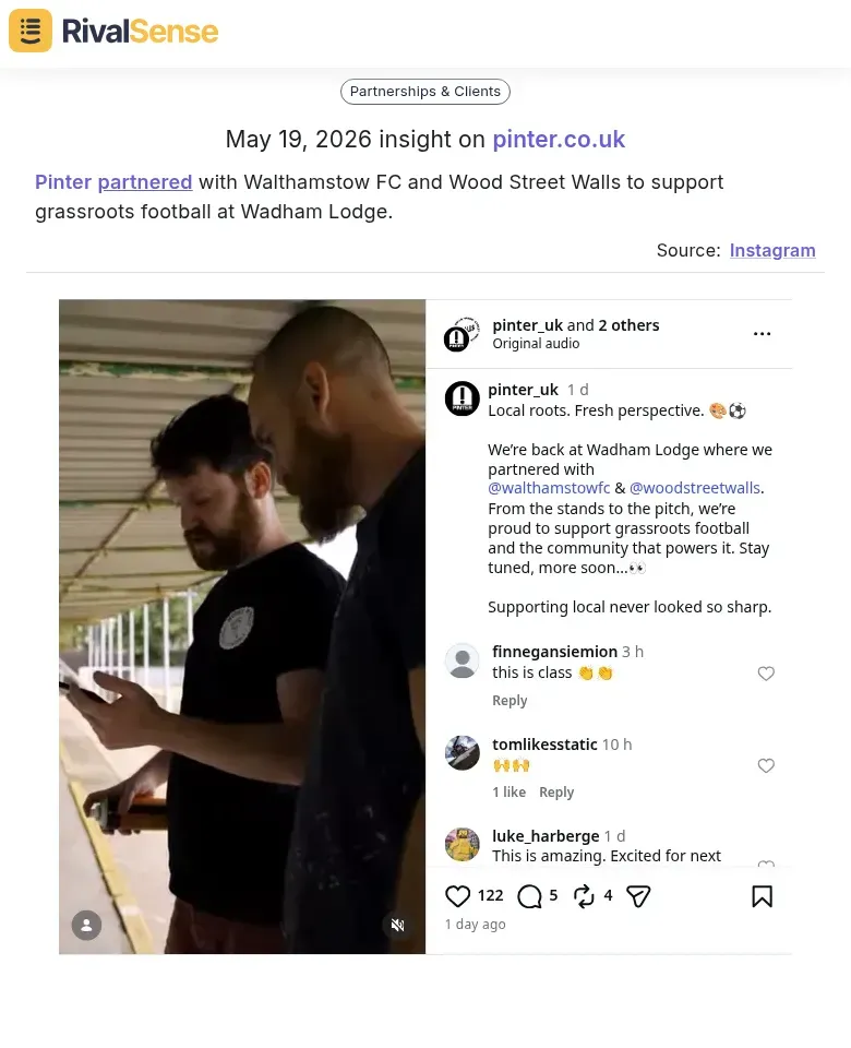 Pinter partnership with Walthamstow FC