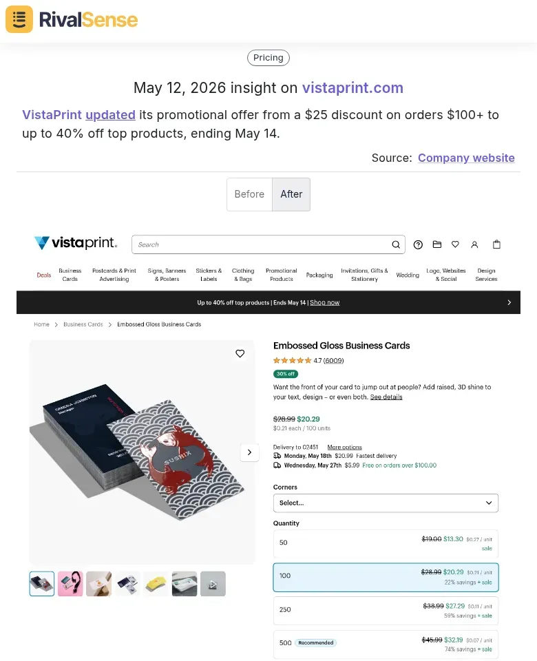 VistaPrint pricing update