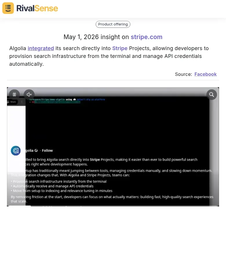 Algolia Stripe integration screenshot