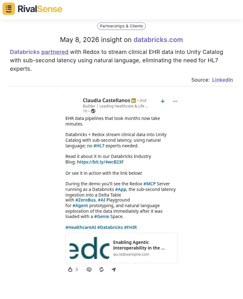 RivalSense Insight: Databricks partners with Redox