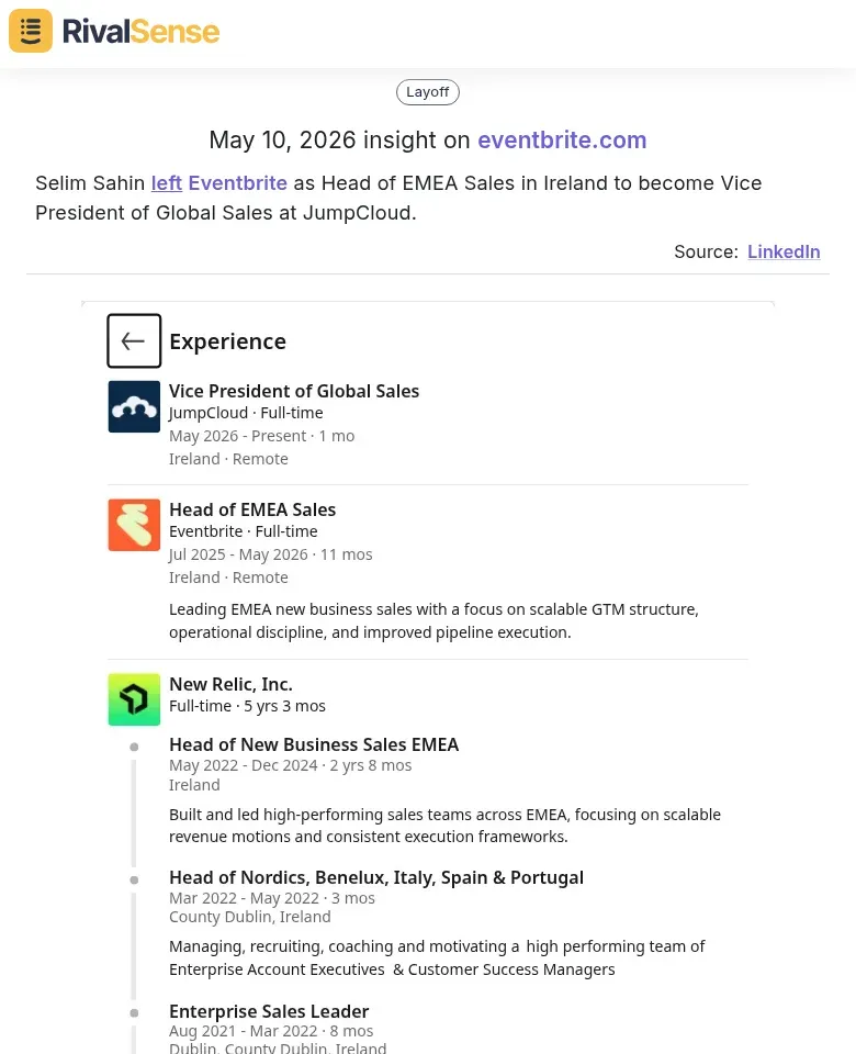 Selim Sahin leaves Eventbrite for JumpCloud