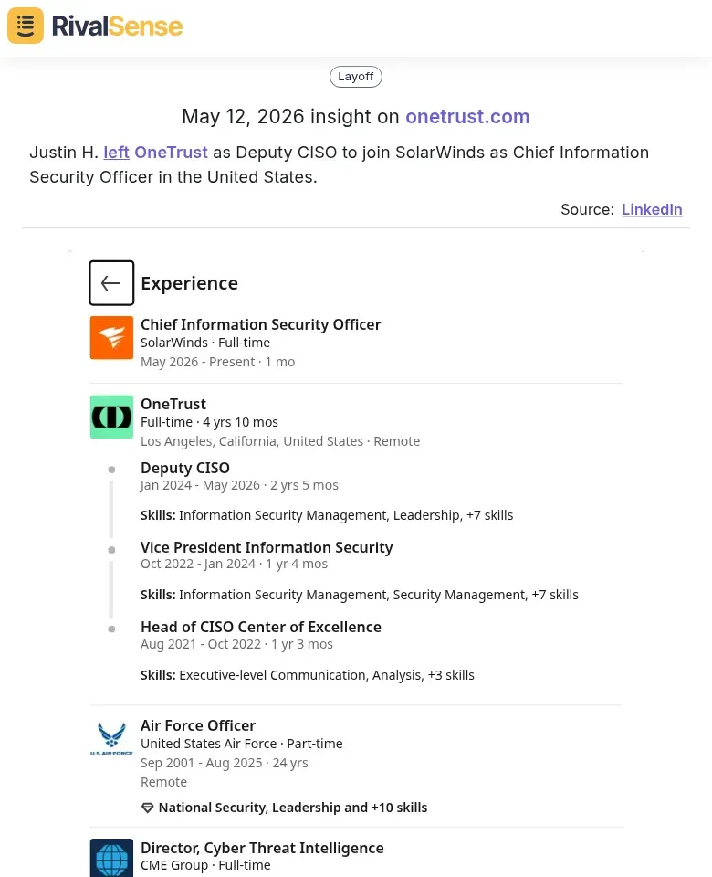Justin H. left OneTrust for SolarWinds as CISO