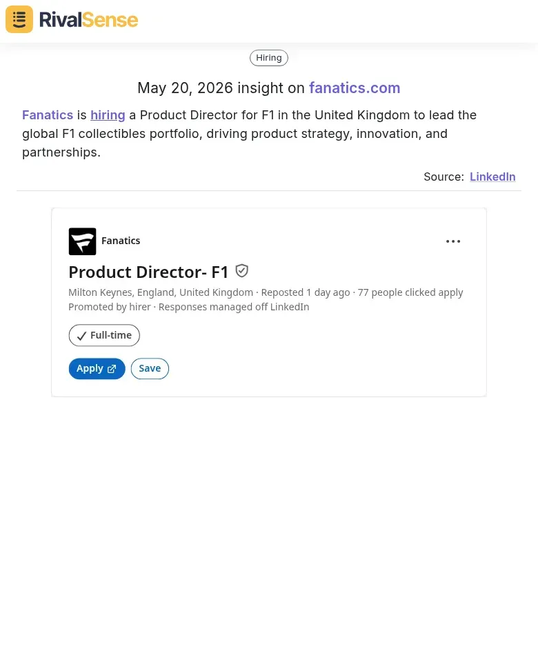 Fanatics Product Director F1 UK