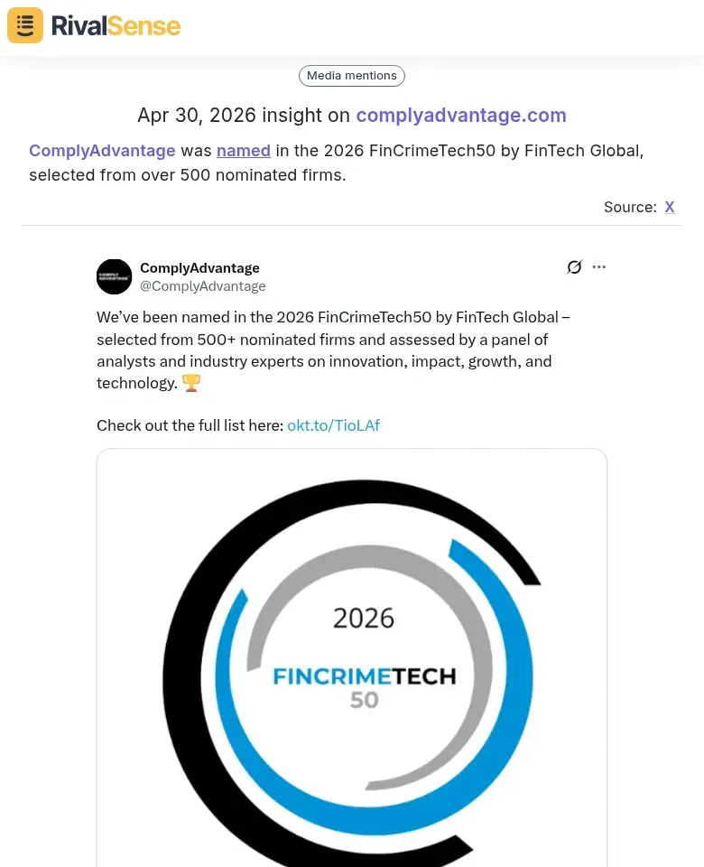 ComplyAdvantage FinCrimeTech50 award
